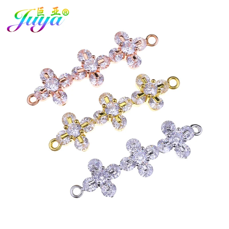 

Juya DIY Jewelry Supplies Handmade Cubic Zirconia Flower Charm Connectors Accessories For Women Fashion Bracelet Necklace Making