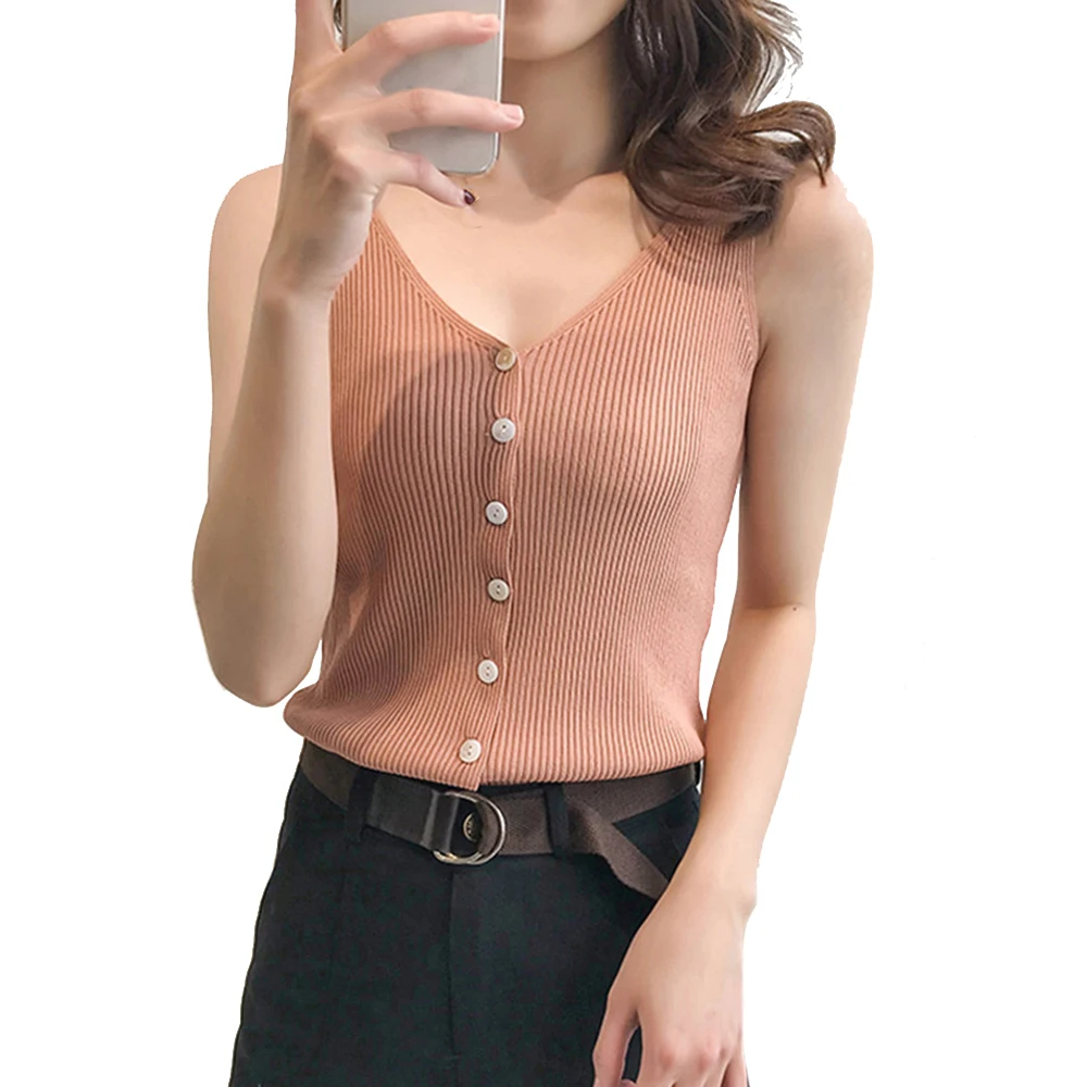 Женская майка на пуговицах с v-образным вырезом без рукавов бретельках