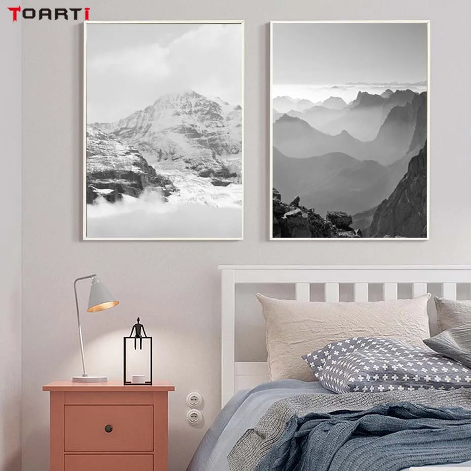 Туманный лес Mountain серый плакат и печать пейзаж стены картину для Гостиная