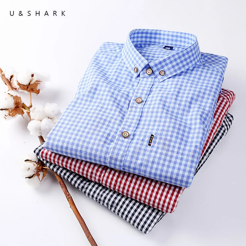 

U & SHARK в мелкую клетку, рубашки для мужчин с длинным рукавом рубашки на каждый день, офиса, облегающее, Осень Одежда в Корейском стиле; Сезон о...