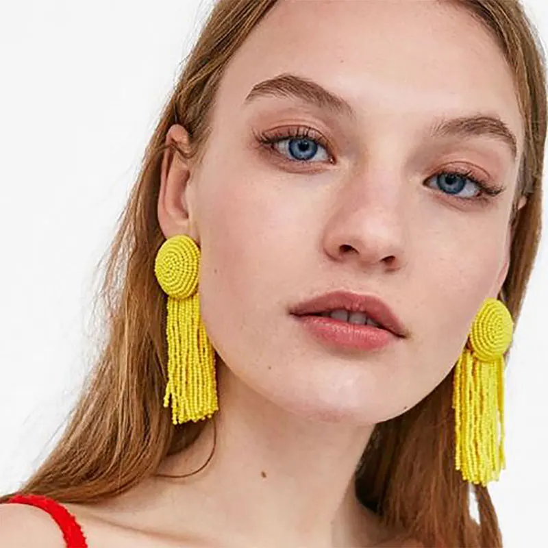 Bohemian Long Resin Beads Tassel Earring Fringed Statement stud Earrings For Women Fashion ZA Jewelry 2018 | Украшения и