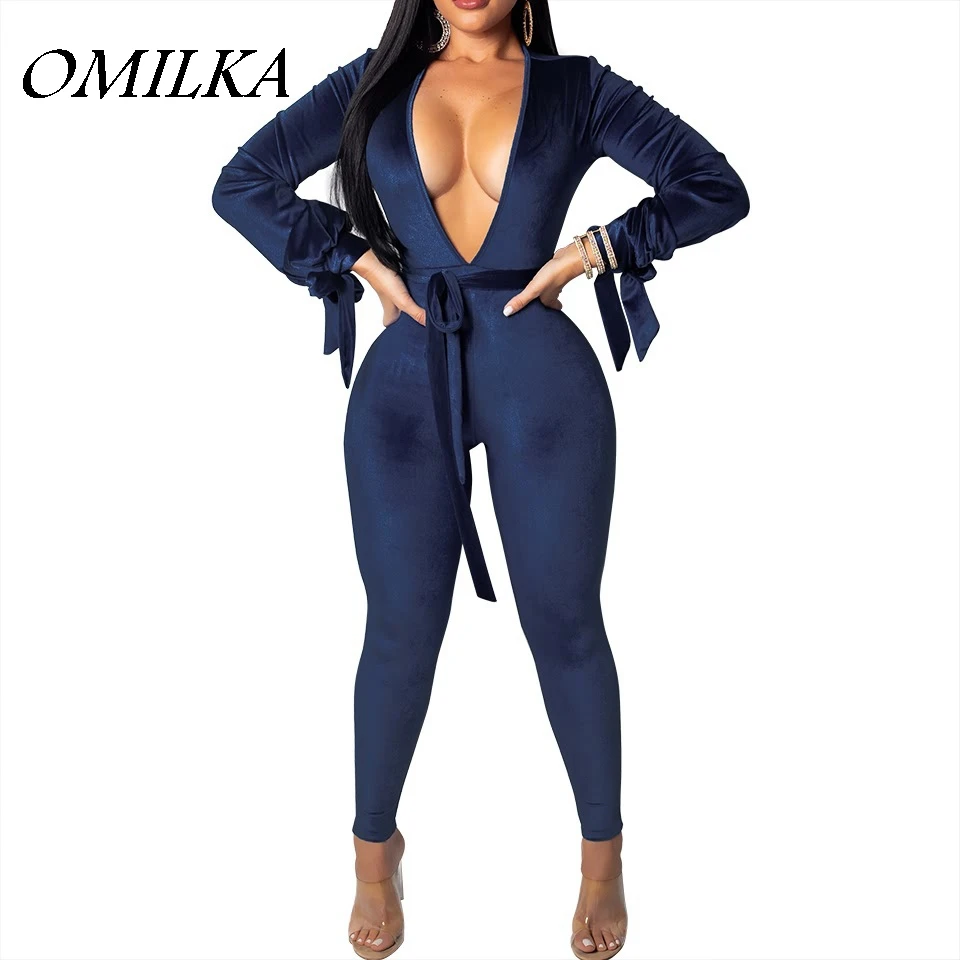 

OMILKA Velvet Bandage Rompers and Jumpsuits 2018 Autumn Winter Women Long Sleeve V Neck Backless Bodycon Club Party Overalls