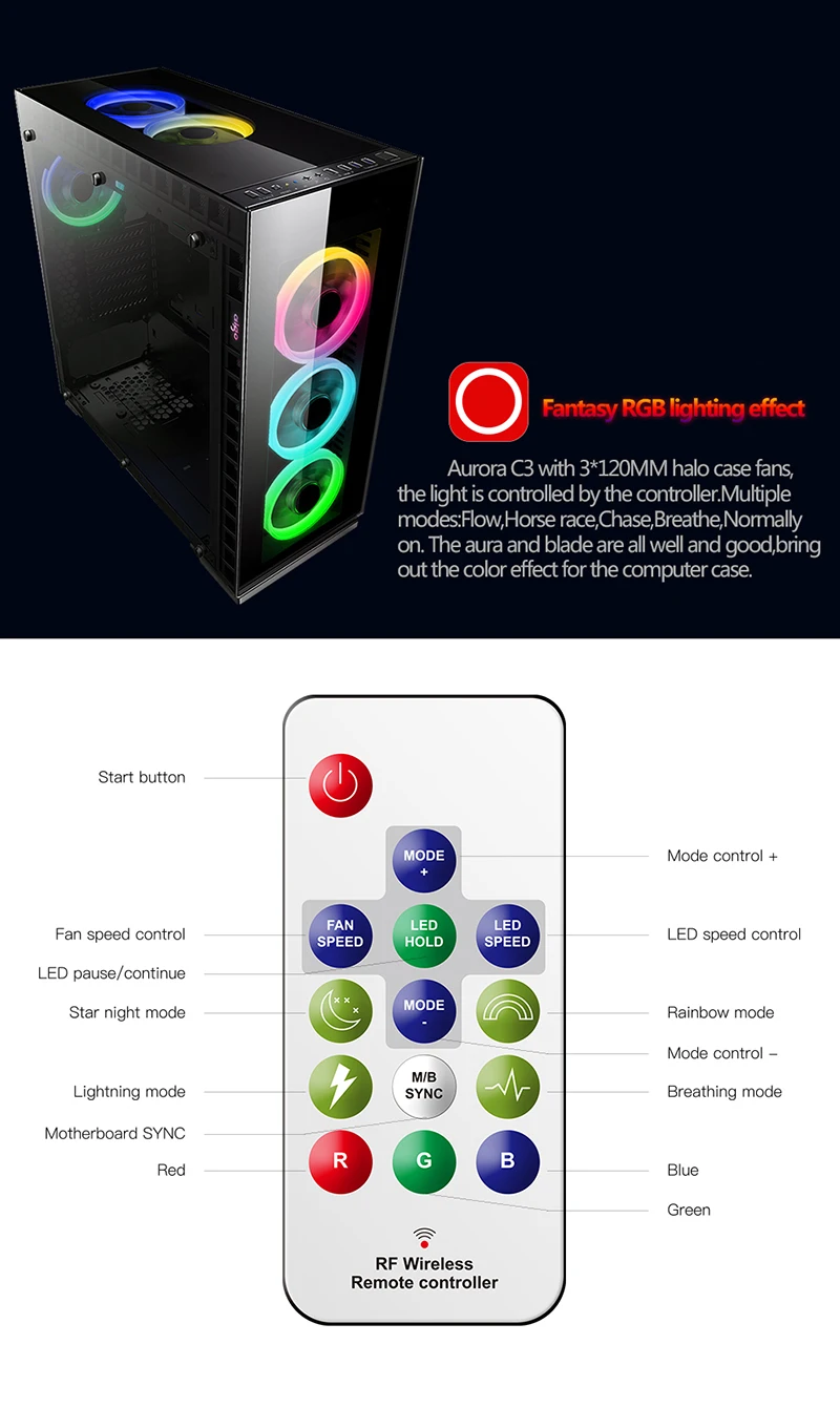 DarkFlash Aigo C3 чехол для компьютера PC Вентилятор охлаждения Aura Sync 3 P-5 V вентиляторы RGB Регулировка 120 мм тихий ИК-пульт дистанционного охлаждения светодиодный чехол вентилятор
