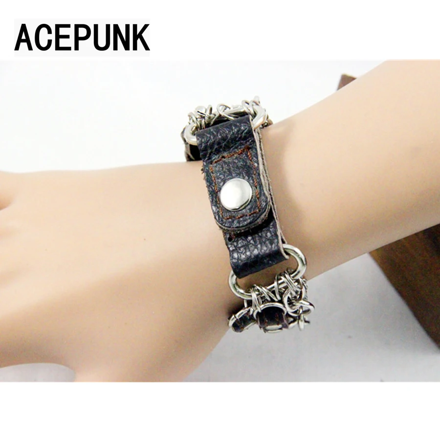 2019 новый панк кожаный браслет Мужская железная цепь с двумя пряжками