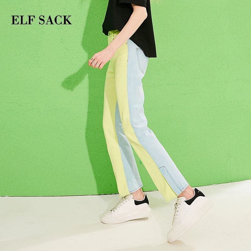 ELFSACK, новинка, женские джинсы, хлопок, средний контраст, пэтчворк, полная длина, женские брюки, большие, Kpop, джинсовые брюки, женские брюки