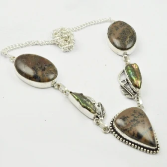 

Honey Dendrite Opal & Biwa Pearls Necklace Silver Overlay over Copper, 51 cm, N2334