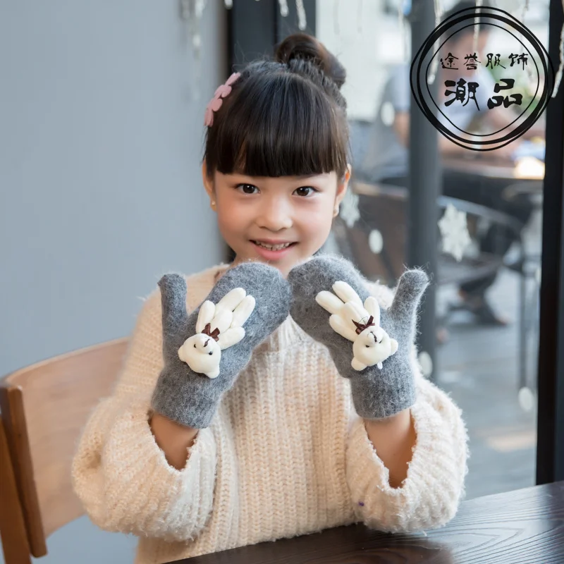 Осенне зимние кашемировые перчатки для девочек с мультяшным медведем кроличьим