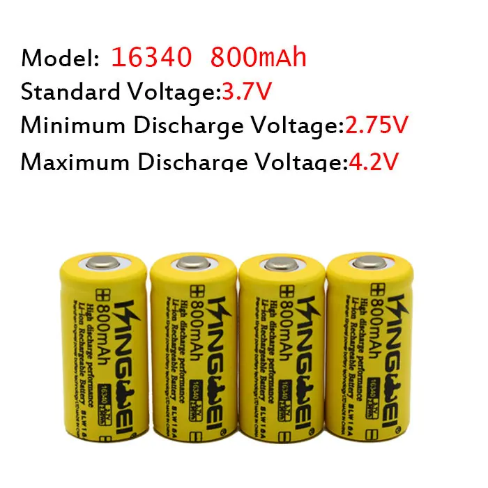Большая скидка KingWei 4 шт./лот 16340 (ICR123A) 3 7 v 800mah перезаряжаемая литиевая батарея |
