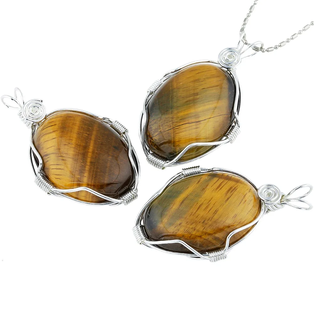 

TUMBEELLUWA Handmade Wire Wrapped Oval Stone Pendant Reiki Symbol Healing Chakra Jewelry