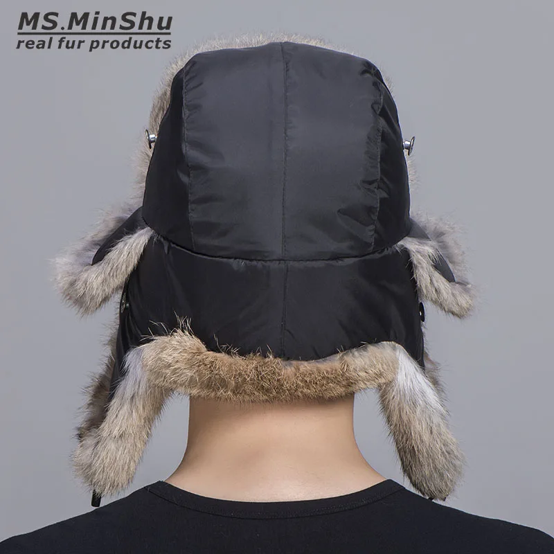 MS.MinShu Natural Rabbit Fur Hat Winter Skiing Hat Unisex Genuine Rabbit Fur Trapper Hat Natural Fur Bomber Hat Man Women