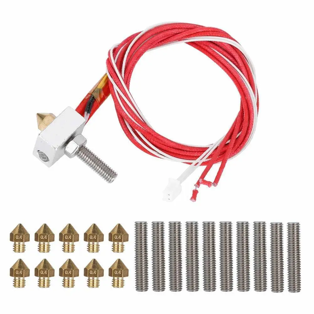 

Hot End Kit 3D Printer Aluminum Extrusion Head Hotend with 10 pcs Stainless Throat + 10pcs 0.4mm Nozzle for MK8 MK7 i3 E3D Anet