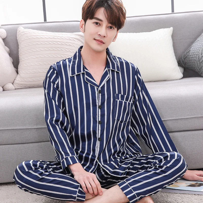 2019 Spring Striped Men's Pajamas Long Sleeve 2 Pcs Home Suit Male Satin Nightwear Silk Casual Sleepwear Pyjama Homme 3XL | Мужская