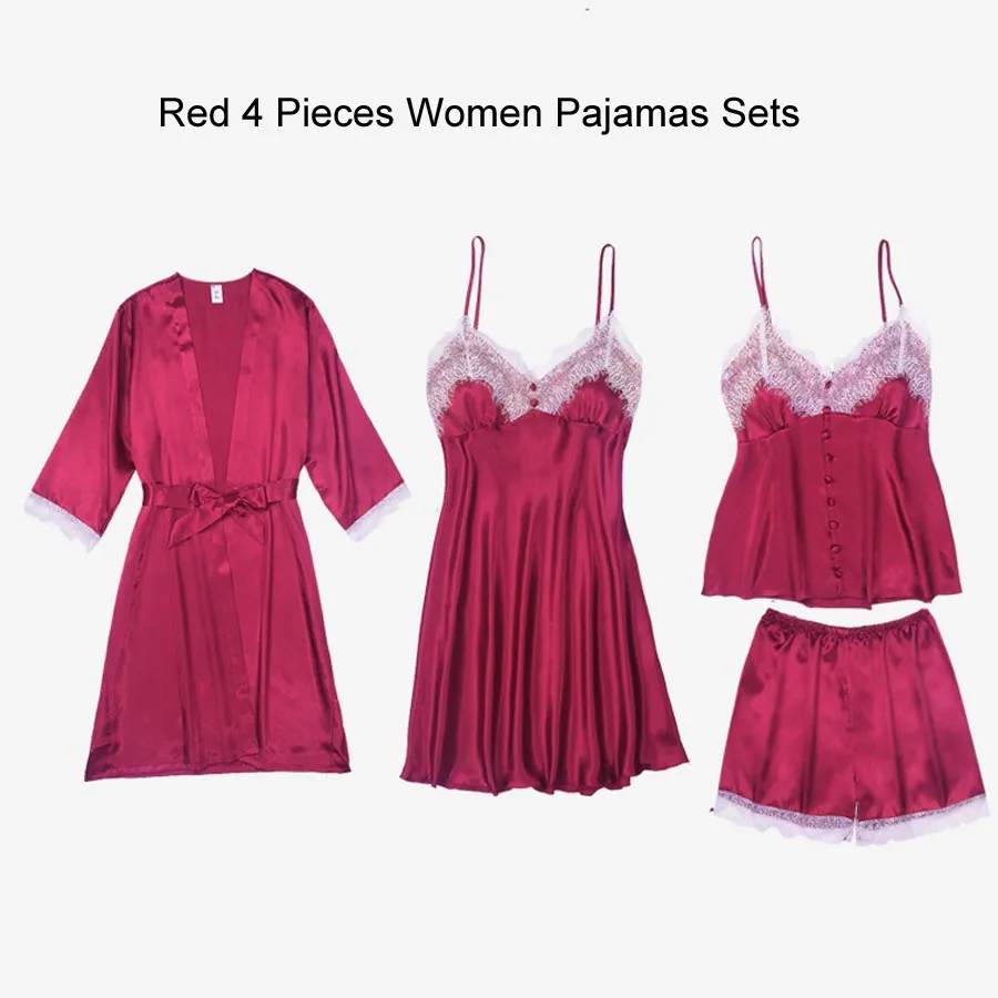 Red Pajamas Set (2) Сексуальный халат и платье наборы для женщин атласная одежда для сна комплект из 5 предметов летний домашний вечерний комплект с платьем Slik кружевное ночное белье халат сексуальное ночное платье - Цвет: Red Pajamas Set (2)