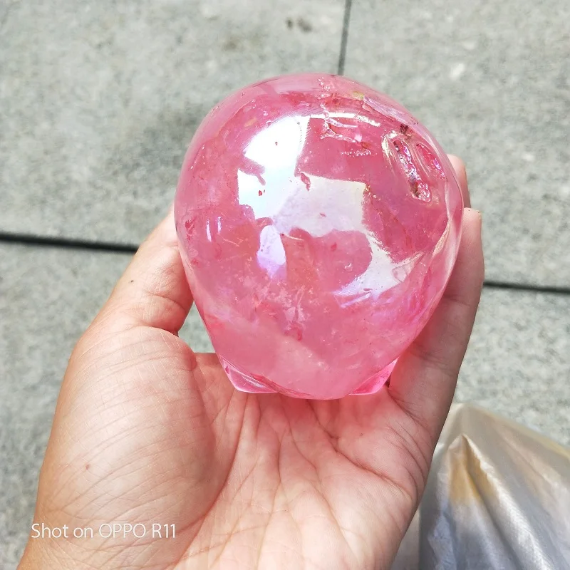 

1pcs 400-500g Natural Titanium pink Aura Rainbow Quartz carved Skull specially treated crystal stone