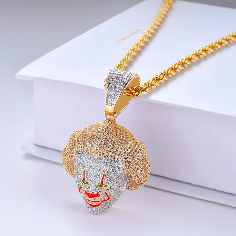 TOPHIPHOP Red Color Clown Pendant Necklace With Tennis Chain Charm Bling Cubic Zircon Men's Hip hop Rock Jewelry | Украшения и