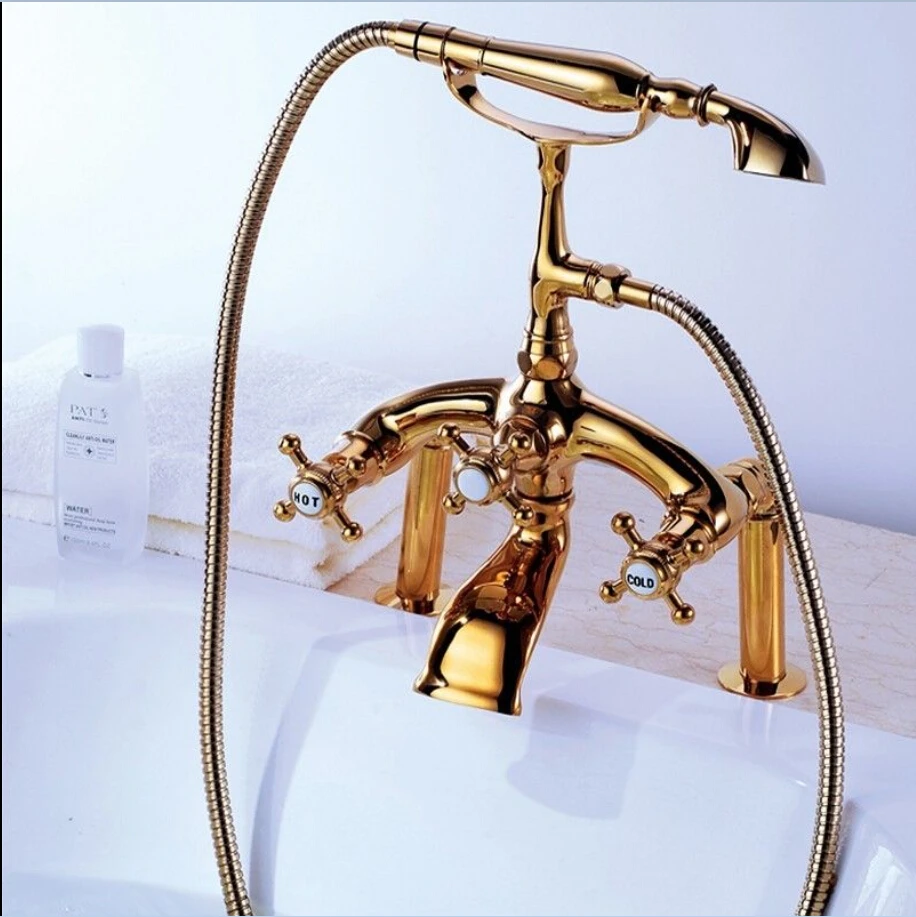 

Free shipping Modern Bathroom Deck Mount Clawfoot Bath Tub Filler Faucet Gold Handshower 024
