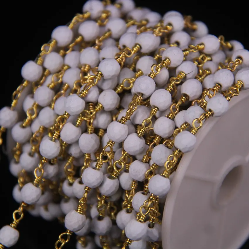 

6mm Faceted White Turquoises Round beads Rosary Chain,Raw Howlite Stone 18k Gold Plated Link Chain DIY Necklace Crafts Jewelry