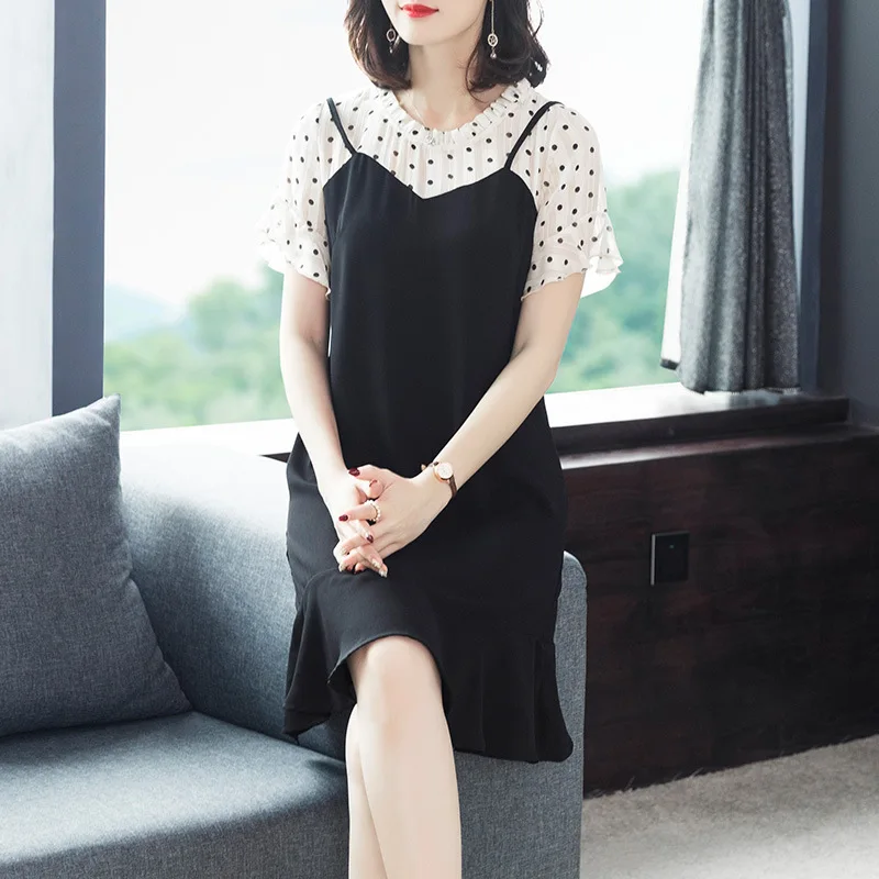 2019Summer elegant sweet dot fake two midi Dress contrast color juniors A-line petal sleeves casual vestidos plus size 5XL | Женская