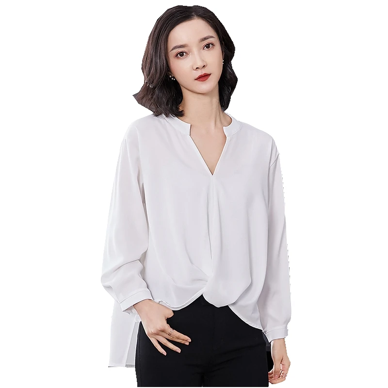 

Fashion Women spring summer V-Neck casual Tops Long Sleeve Solid Color Chiffon loose blouse Irregular hem plus size Basic Shirt
