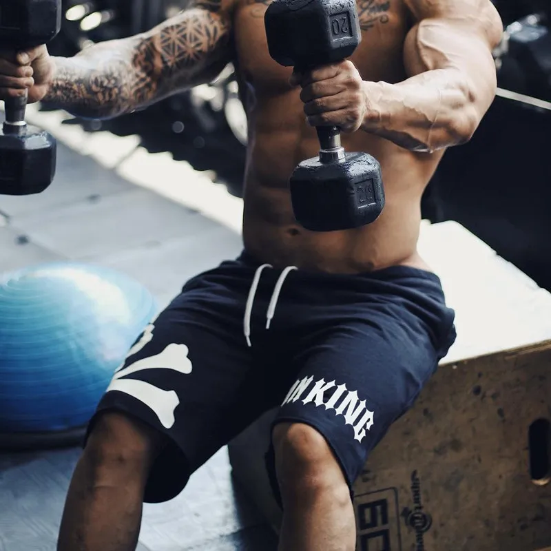 Шорты мужские пляжные хлопковые тренировочные с принтом черепа для фитнеса