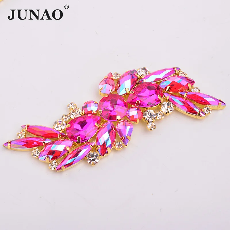 36X72mmRoseAB JUNAO, 75*300 мм, золотые стеклянные цветы, стразы, аппликация, бахрома, отделка, нашивки со стразами для украшения свадебного платья - Цвет: 36X72mmRoseAB
