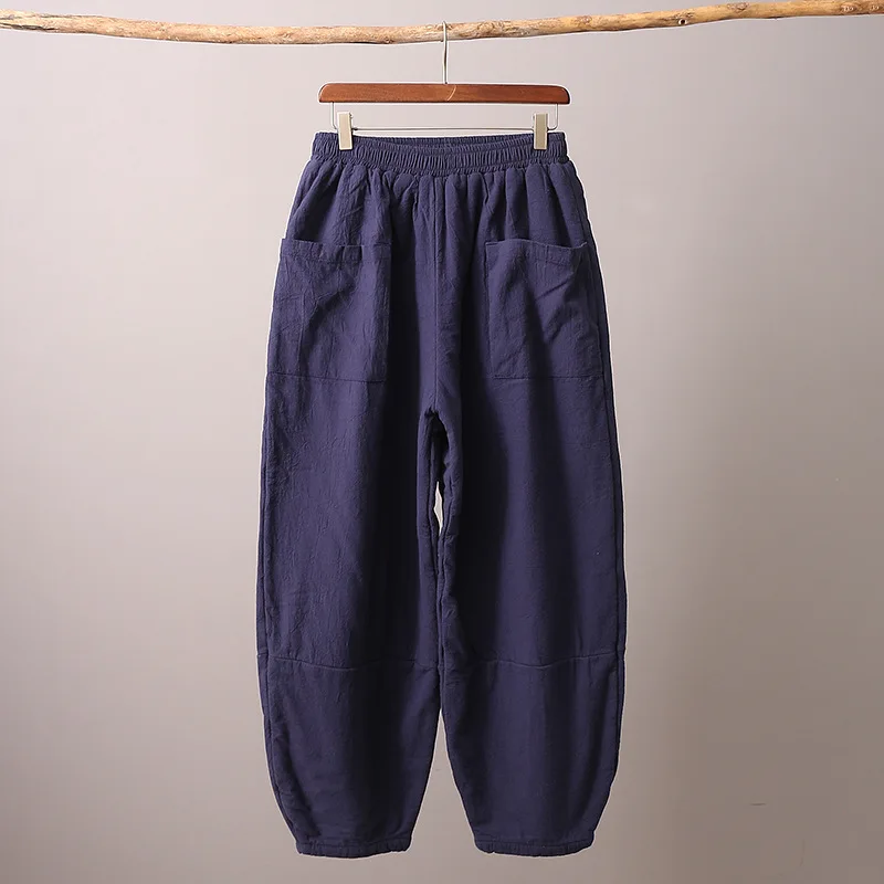 New women big size ramie trousers winter cotton linen wide pants cotton padded warm bottom top quality clothes for women