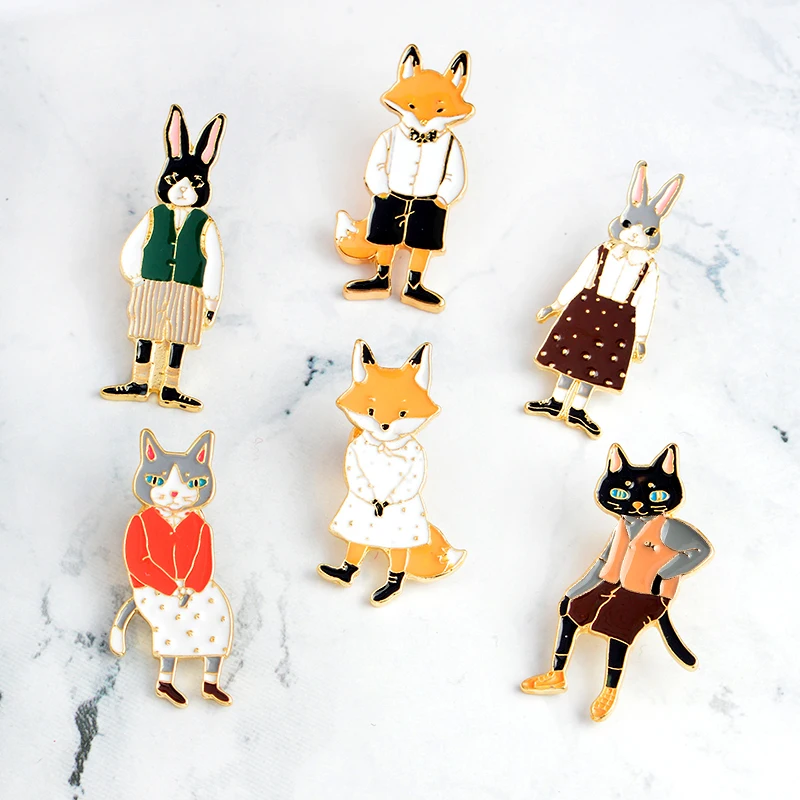 

6pcs/set Mr Ms Cat rabbit fox Enamel Brooch Denim clothes Pin Buckle Shirt Button Badge Animal fairy tale jewelry Gift for kids