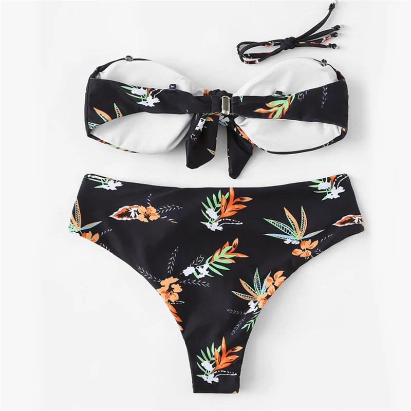 Женский купальник бикини с открытыми плечами бандо цветочным принтом и съемными