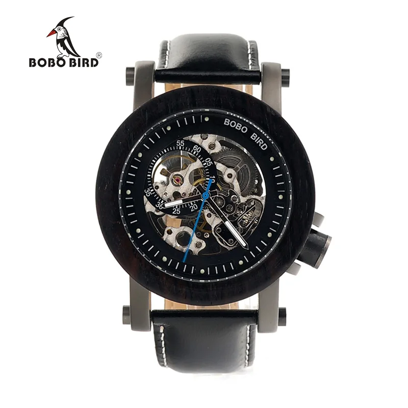 BOBO BIRD Luxury Brand Men's Mechanical Watches Black Wooden Watch Genuine Leather Strap relogio masculino Wood Gifts Boxes K10