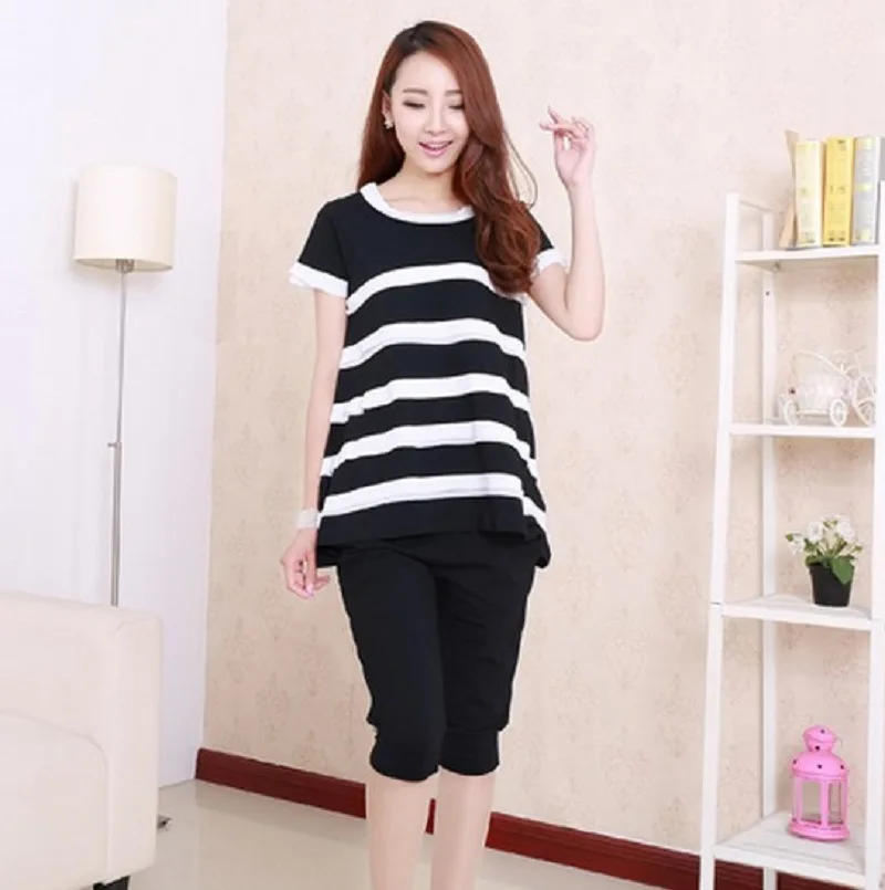 

Pregnant Women Suit Thin Stripe Casual Summer Korean Maternity Wear Short Sleeved T-shirt + Abdominal Seven Pants Two Piece Suit