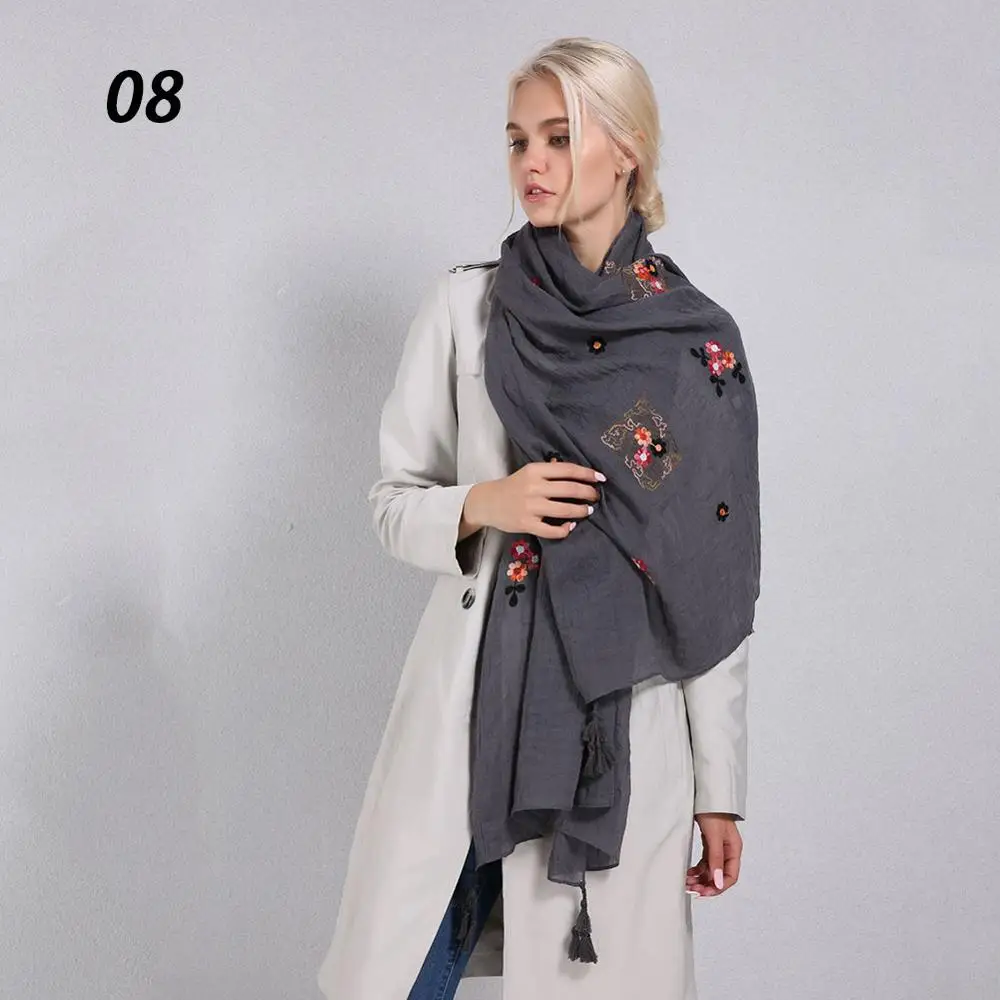 08 Dark Gray Sparsil, Женский однотонный шарф из хлопка и льна, Ретро стиль, вышивка, повседневная большая шаль, 180x90, весна-осень, защита от солнца, мягкие шарфы - Цвет: 08 Dark Gray