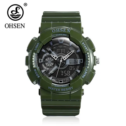 Green Топ продаж OHSEN новые модные цифровые спортивные часы мужские кварцевые наручные часы с резиновым ремешком белый 50 м водонепроницаемый светодиодный часы Relogios - Цвет: Green