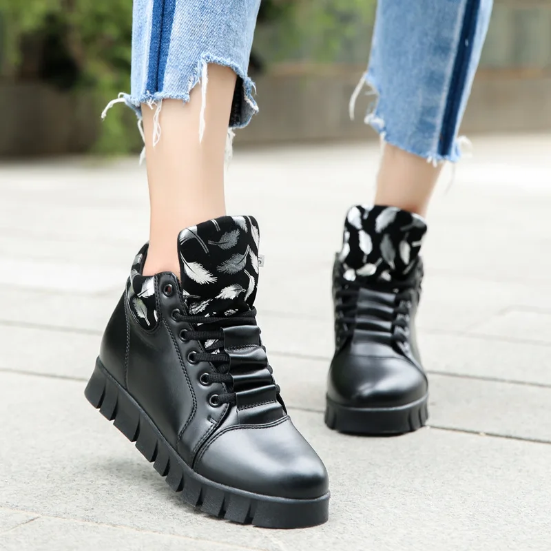 Black Patent Leather Ankle Boots For Women Lace Up Platform Winter Warm Plush Street Style Shoes | Обувь