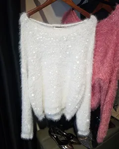 white Cakucool, женские свитера с блестками, мохер, круглый вырез, толстый джемпер, тонкий корейский Блестящий свитер, вязаный пуловер, топы для женщин, 13 цветов - Цвет: white