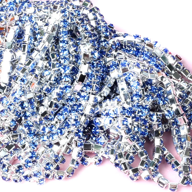 

SS6,8,10,12 10m Light Sapphirine crystal rhinestone cup chain silver setting decoration trim applique sewing on Crystals
