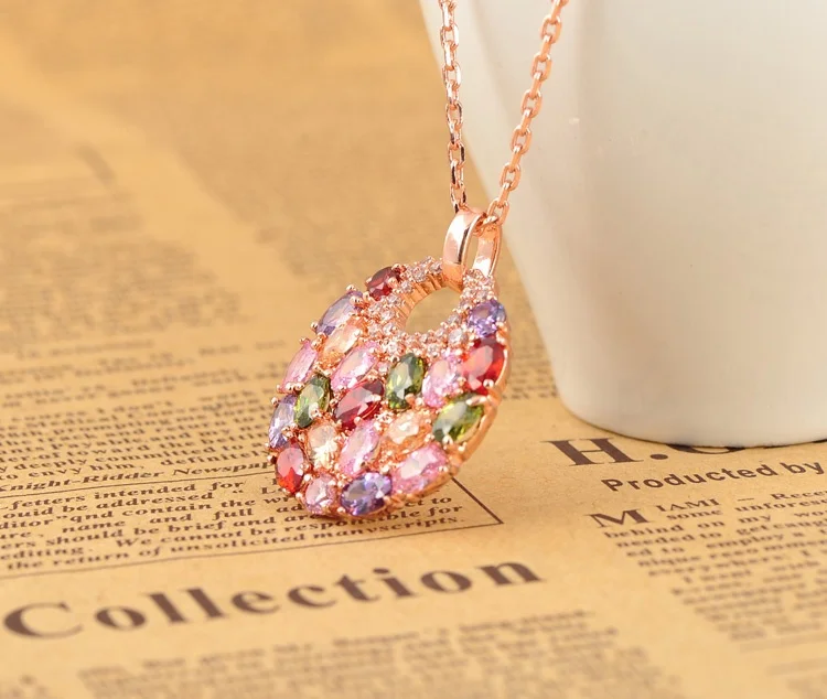 Beagloer Brand Trendy Round Shaped Pendant Necklace Rose Gold Color Multicolor Cubic Zirconia Inlay Female CNL0008-A | Украшения и
