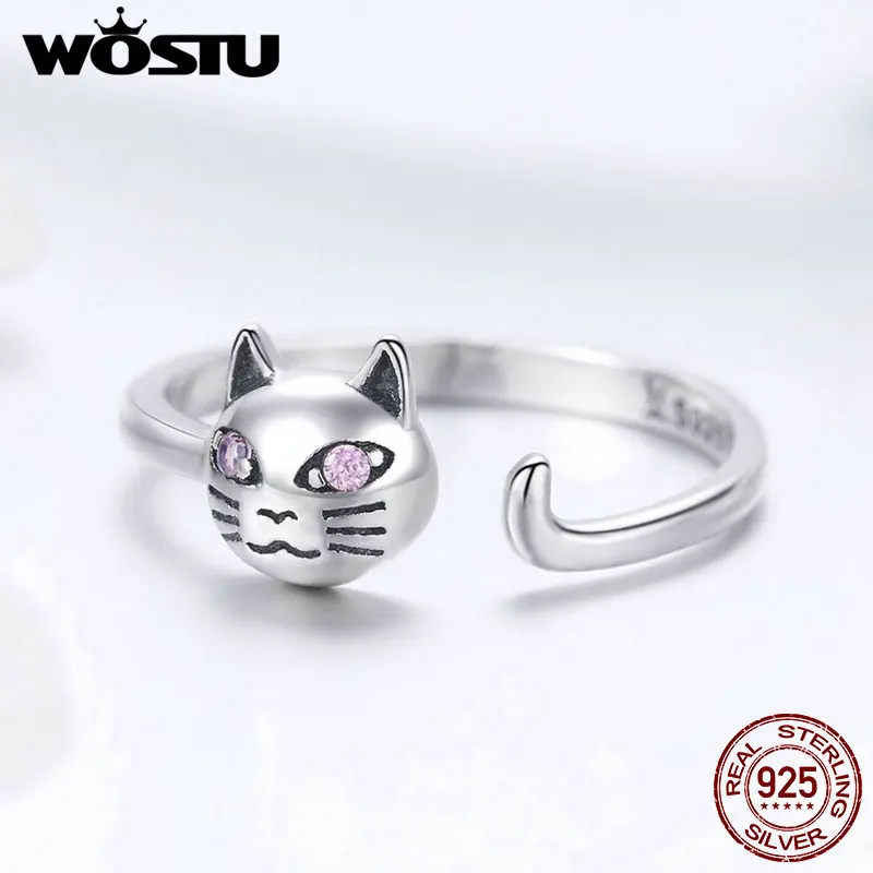 WOSTU Аутентичные 925 стерлингового серебра милый кот открытые кольца на палец для