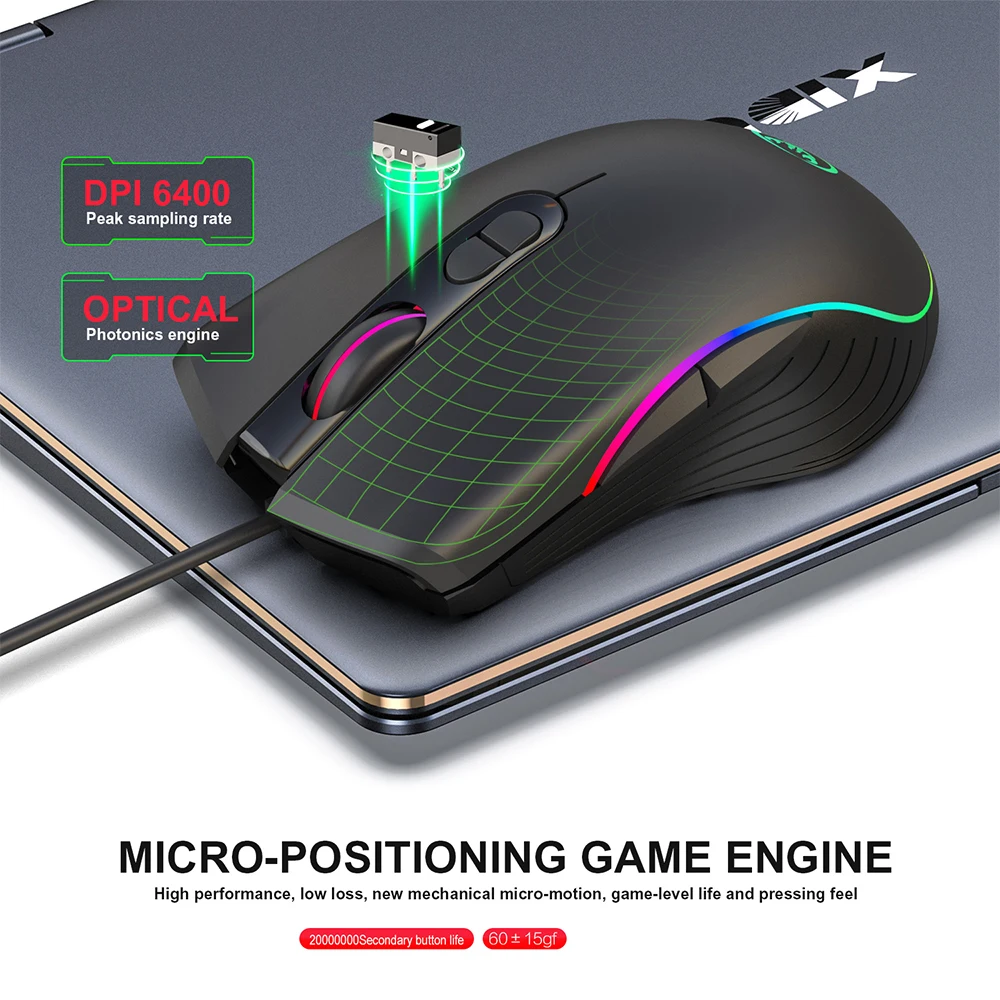 HXSJ игровой Мышь проводной 6400 Точек на дюйм 3200 4 уровня регулировки скорости мыши