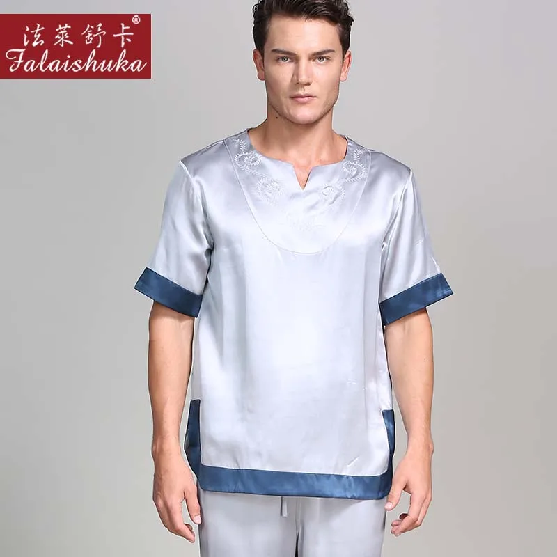 

Пижамный комплект мужской из натурального шелка, с коротким рукавом и брюками, элегантная синяя пижама в китайском стиле, лето 100%