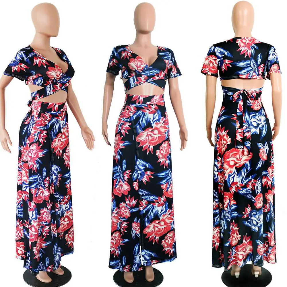 

Women two piece skirt set print bandage crop top long skirt 2 piece set for women tops skirts two pieces sets women's suits