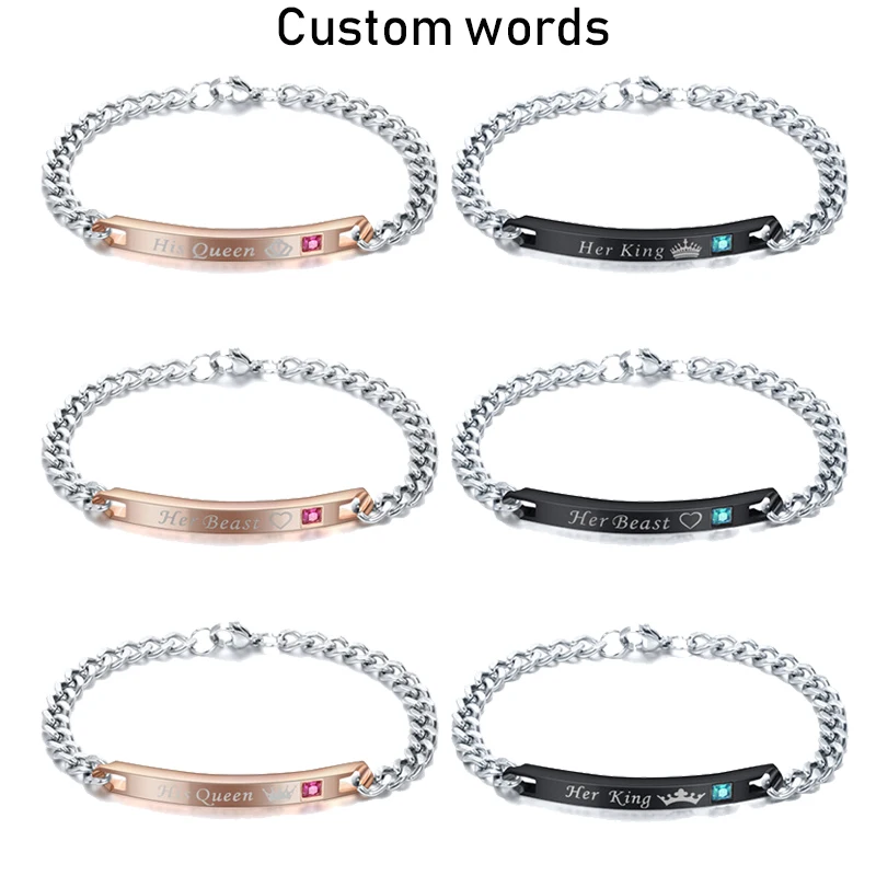 

2pc Personalized Customized Couple Bracelets Engraved Letters Love Promise Bracelet Stainless Steel Her King His Queen For Lover