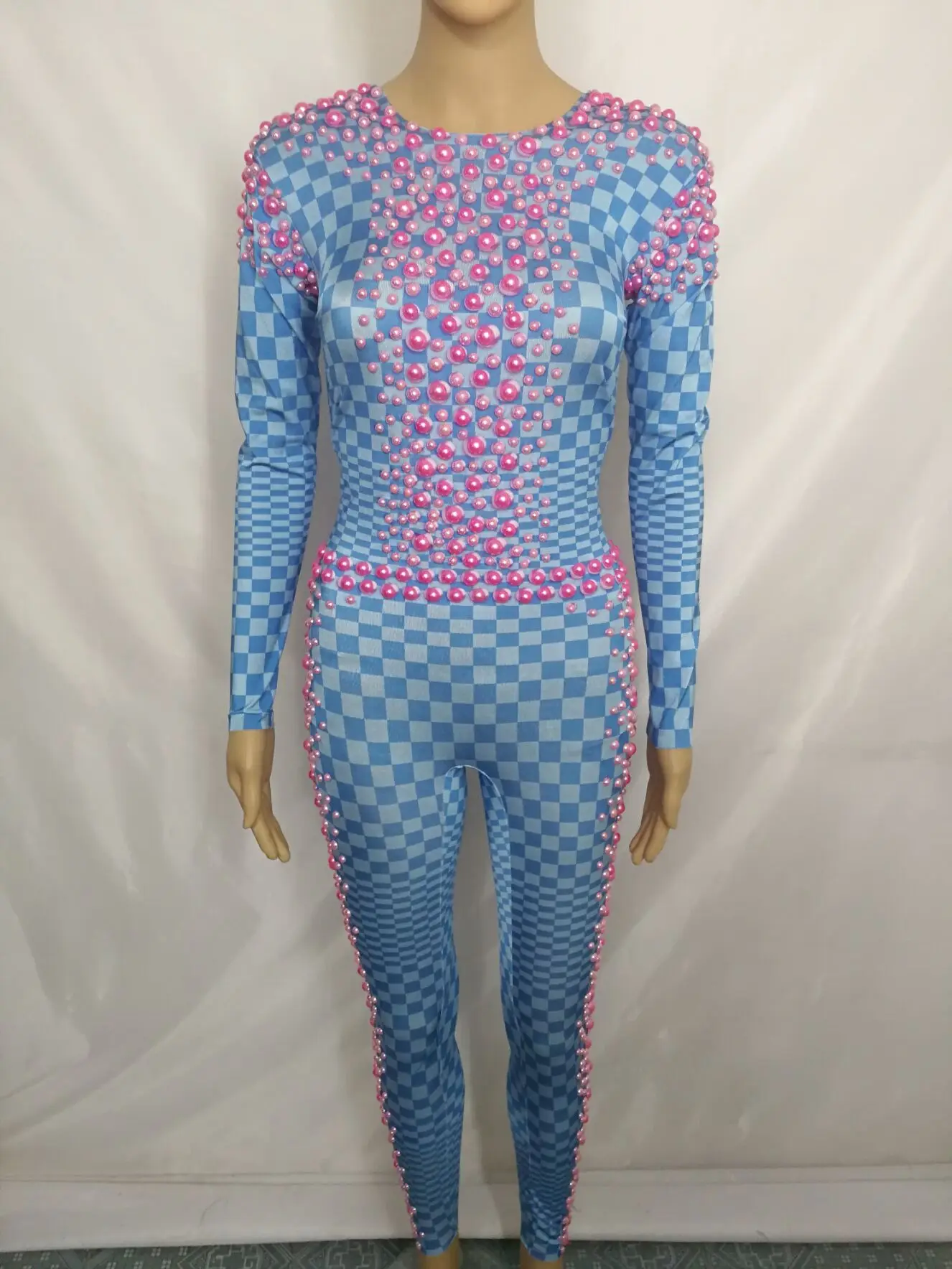 

Female Luxurious Nightclub Costume Blue Plaid Pink Pearls Jumpsuit Beads Stretch Skinny Bodysuit Party Dance Show Stage Outfit
