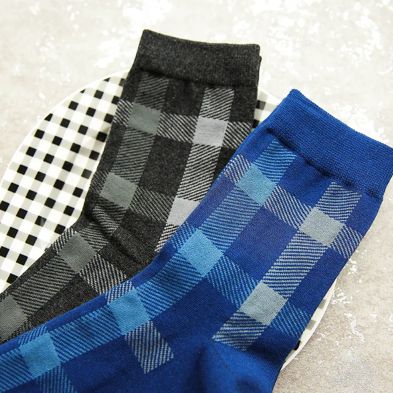 1Pair/lot Fashion Gird Cotton Socks For Men Blue Black Casual Classic Business Mujer Winter Soft Calcetine | Мужская одежда