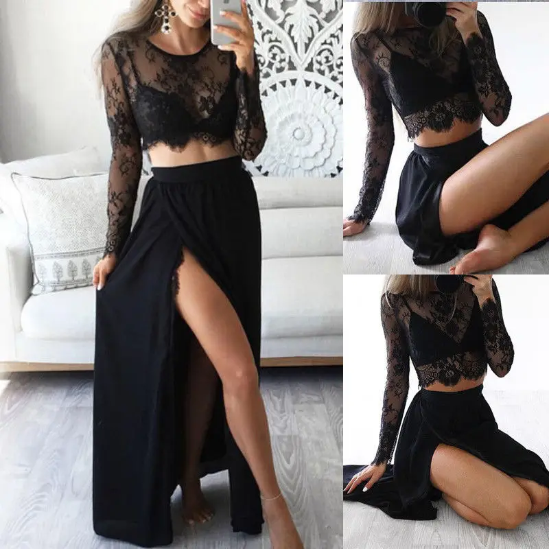 

2018 Sexy Fashion 2PCS Women Lace Floral Long Sleeve O-Neck Short Length Shirt Tops Evening Party Dress Ankle-Length Maxi Dress