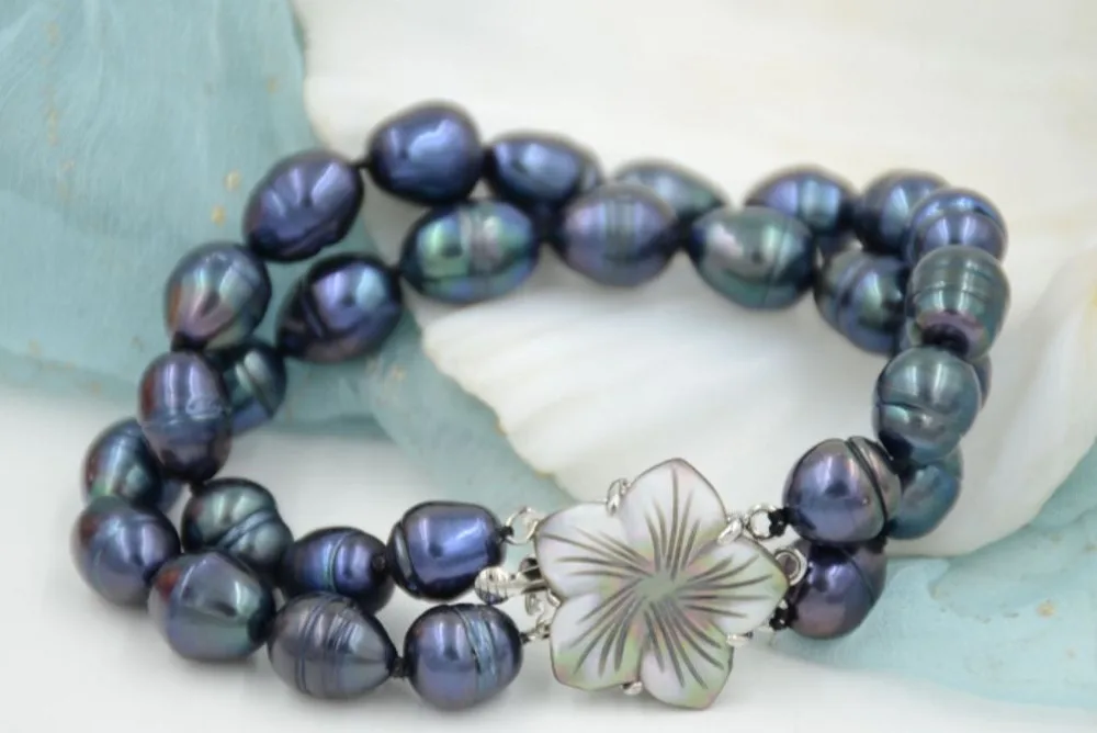 

Free shipping >>>>>2 ROW natural 10-13mm Australian south sea black blue pearl bracelet