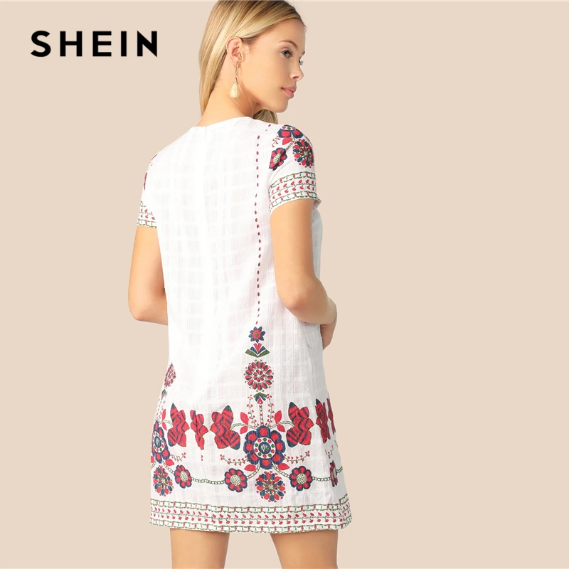 SHEIN богемное белое с цветочным принтом текстурированная туника летнее платье женское с круглым вырезом на молнии сзади прямые короткие элегантные платья