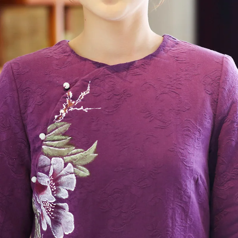 Tradition chinese style round collar only purple hand-decorated flowers winter-autumn women dresses tea cotton clothes | Женская одежда