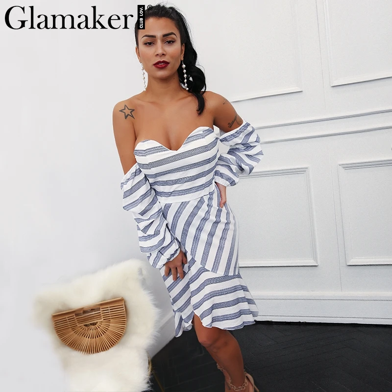 Женское платье в полоску с открытыми плечами Glamaker летнее русалки оборками