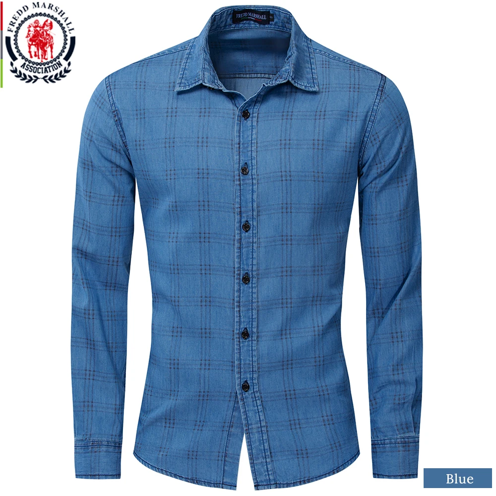 205 Blue Fredd MARSHALL хлопок Повседневное мужская клетчатая рубашка Slim-Fit Button Down клетчатая рубашка мужская с длинным рукавом высокое качество рубашки 205 - Цвет: 205 Blue