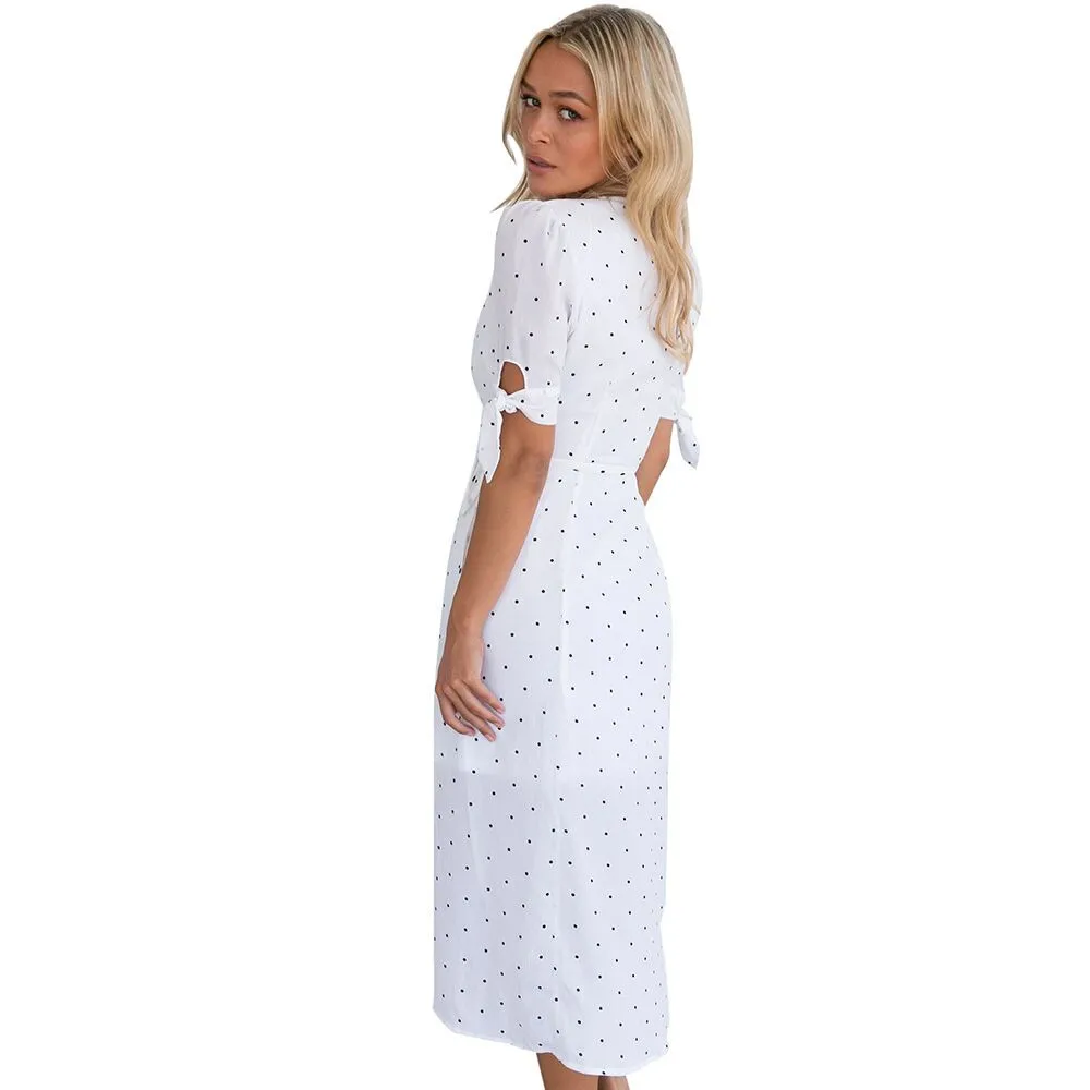 Женское длинное платье макси в горошек с V образным вырезом и коротким